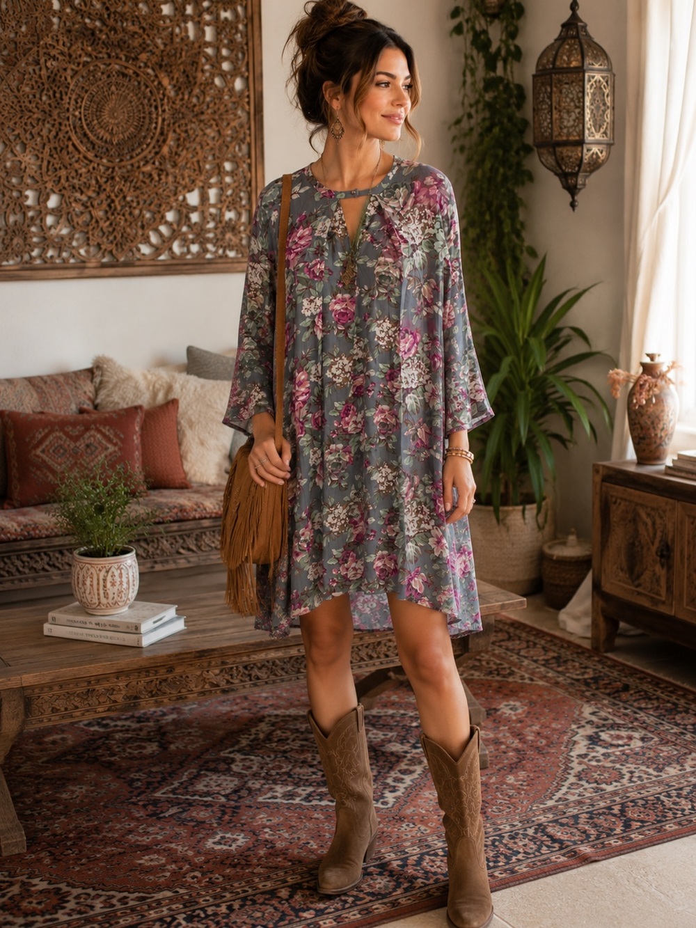 Altar'd State Grey Floral Mini Dress with Pink Blooms